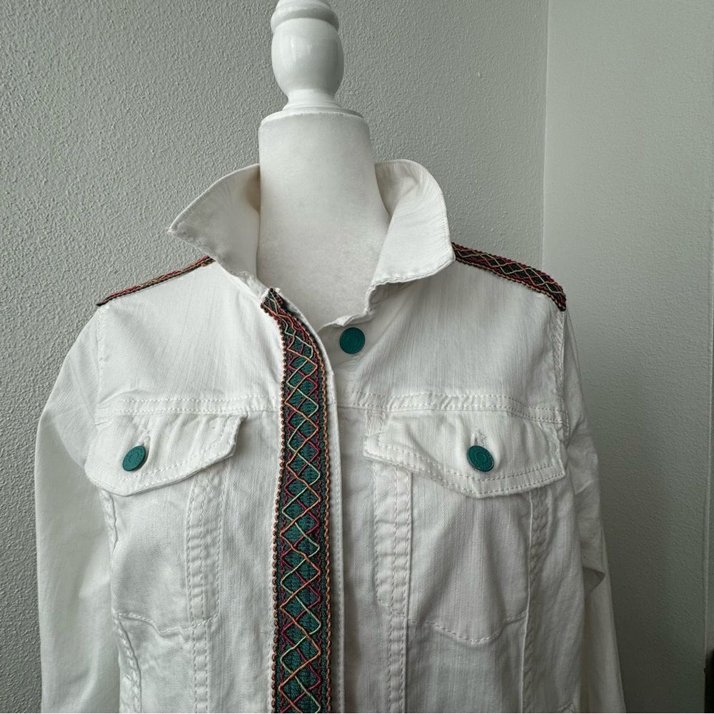 White Denim Jacket Custom Floral Design Painted Back SZ L - Picture 6 of 15